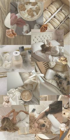 a collage of photos with different food and drinks on the same table as well as an image of a woman laying in bed