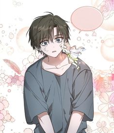 an anime character with black hair and blue eyes holding a flower in front of his face