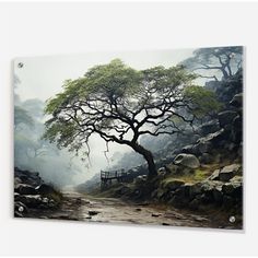 an oil painting of a tree in the middle of a rocky area with water and rocks