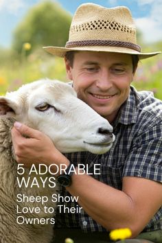 a man in a straw hat hugging a sheep with the words, 5 adorable ways sheep show love to their owners