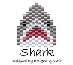 a cross stitch pattern with the words shark in black, white and red on it