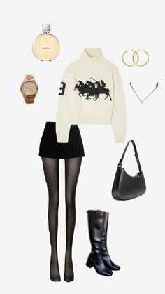 a white sweater, black skirt and boots are outfitted for the winter season with accessories