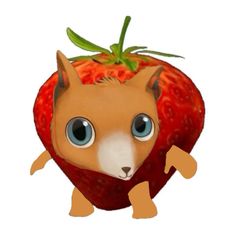 an animal with big blue eyes is standing in front of a strawberry that has been cut out