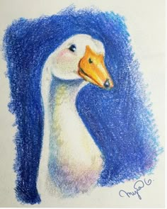 a drawing of a duck with blue hair and an orange beak on it's head