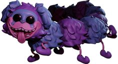 a purple and black cartoon dog with its tongue out, standing on one leg while it's mouth is open