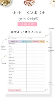 the keep track of your budget meal plan is shown in pink and white with gold accents