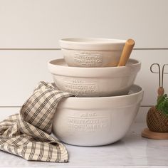 Audrey's Audrey's - White Cottage Ceramic Mixing Bowls (SET OF 3) White Antique Bowls, White Mixing Bowl, Kitchen Table With White Bowl, Neutral Mixing Bowls, Hearth And Hand Mixing Bowl, Bowls Aesthethic, French Country Bowls, Household Accessories Products, Kitchen Bowl Set