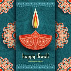 happy diwali festival card with colorful floral design and lit candle on blue background