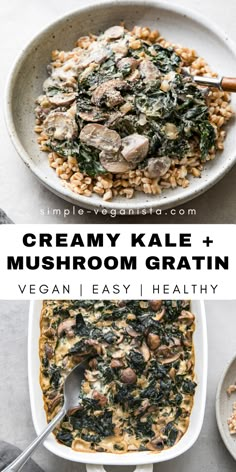 creamy kale and mushroom gratin in a white bowl