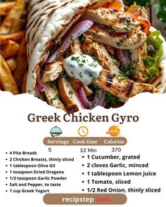 the menu for greek chicken gyro