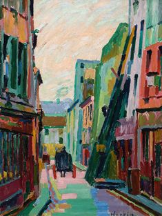 an oil painting of a city street with buildings and people walking on the sidewalk in front of them