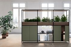 an office with plants and bookshelves on the shelves in front of windows,