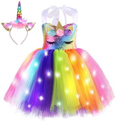 PRICES MAY VARY. Unicorn outfits including 1 unicorn tutu dress with LED light (include battery, skirt with cotton lining) + 1 lighted unicorn headband(include battery), unique sequin lighted unicorn costume, satisfies the girl's princess dream Top lined with a silk-like fabric, made of 100% polyester, with a handmade striped tulle design on the hem.There has fabric skirt under tulle pieces on bottom, soft and comfortable to wear Unique Design: The LED lights is wrapped in gauze and installed on Unicorn Tutu Dress, Unicorn Dresses, Girl Unicorn Costume, Princess Costumes For Girls, Halloween Tutu Dress, Halloween Birthday Party Decorations, Light Up Dresses, Princess Tutu Dress, Halloween Tutu