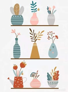 four shelves filled with vases and plants on top of each other in different colors