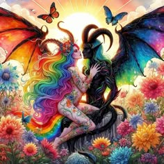 a woman sitting on top of a dragon next to a rainbow colored flower filled field