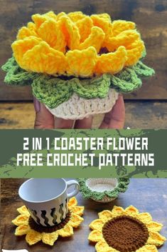 two crocheted flowers are shown with the text, 2 in 1 coaster flower free crochet patterns