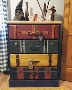 an assortment of suitcases stacked on top of each other