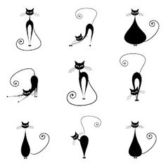 black and white silhouettes of cats with different shapes, sizes and colors on them