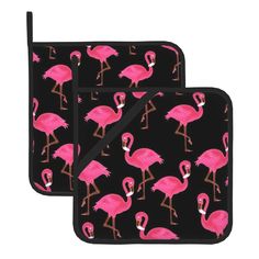 two pink flamingos are on black background