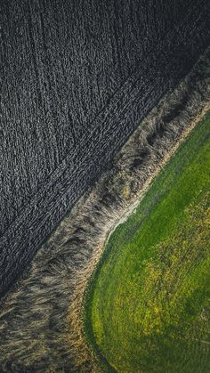 an aerial view of the water and grass