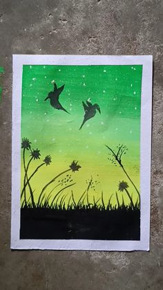 a painting of two birds flying in the night sky over grass and flowers on a concrete surface