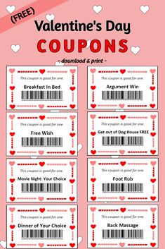 two coupons for valentine's day with hearts on them