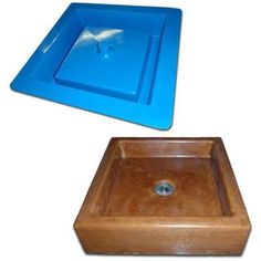 two square wooden trays and one rectangular blue tray