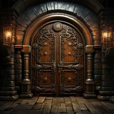 an old wooden door with ornate carvings on the front and sides, surrounded by stone pillars