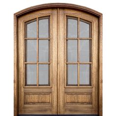 a wooden double door with glass panels