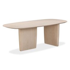 an oval wooden table with two legs and a curved top, viewed from the front