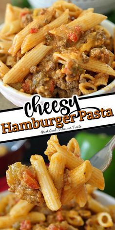 two pictures with different types of food in them and the words cheesy hamburger pasta