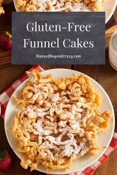 gluten - free funnel cake on a plate with strawberries and milk in the background