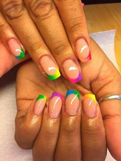 Nail Designs Rainbow Tips, Rainbow French Tip Nails Short, Tye Dye French Tip Nails, Rainbow Nail Tips Acrylic, Neon Rainbow Nails French Tips, Rainbow Ombre Nails, About Ideas, Brittle Nails, Minimalist Nail Art