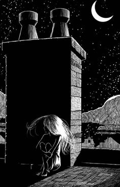 a black and white drawing of a girl looking at the stars