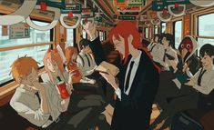 an anime scene with people sitting on a train