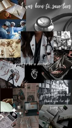 a collage of photos with doctors and medical supplies on them, including books, scissors, eyeglasses, etc