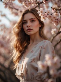 a woman standing in front of a tree with pink flowers