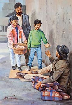 a painting of people sitting on the ground with one holding a basket and another reaching for something