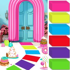 an image of a birthday party scene with cake and candy on the floor in front of a blue door