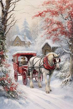 a painting of a horse drawn carriage in the snow