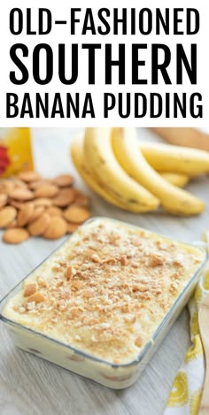 old - fashioned southern banana pudding in a glass dish with almonds on the side