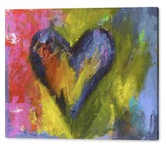 a painting of a blue heart on a yellow and pink background canvas wall art print