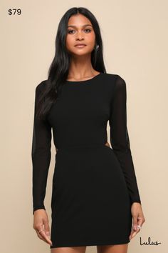 Get swept off your feet in the Lulus Garden Bliss Black Long Sleeve Cutout Bodycon Mini Dress! Figure-hugging techno crepe knit shapes this cute dress featuring a crew neckline and a darted bodice, framed by long, sheer mesh sleeves. High, fitted waist tops a mini bodycon skirt while a flirty back cutout adds a little something extra that's sure to turn heads. Exposed silver zipper at back, plus elastic at waist and a hidden back zipper/clasp. Fit: This garment fits true to size. Length: Above m Bodycon Dress For Night Out With Crew Neck, Black Crew Neck Bodycon Dress For Night Out, Chic Crew Neck Dresses For Night Out, Fitted Bodycon Dress With Cut-out Waist For Date Night, Spring Bodycon Dress With Crew Neck For Party, Chic Bodycon Mini Dress With Crew Neck, Black Fitted Midi Dress With Crew Neck, Chic Fitted Mini Dress With Crew Neck, Black Fitted Crew Neck Midi Dress