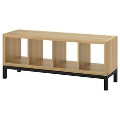 a wooden shelf with three shelves on each side and black legs, against a white background