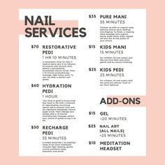 a pink and black flyer with instructions for nail services on the front, and an image of