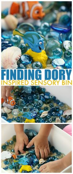 an image of finding dory in the ocean with text overlay that reads finding dory inspired sensory bin