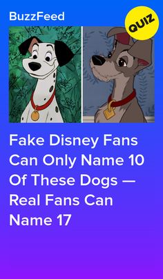 a cartoon character with the words fake disney fans can only name 10 off these dogs real fans can name 17