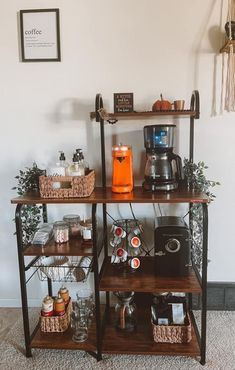 a coffee bar with various items on it