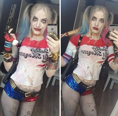 two pictures of a woman dressed as harley and holding a cell phone in her hand