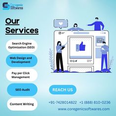 an advertisement for search engine optimition and web development company, with two people pointing at the screen